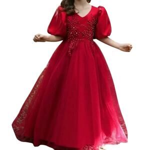 Formal dress Red long beaded embroidered princess wedding puff sleeve